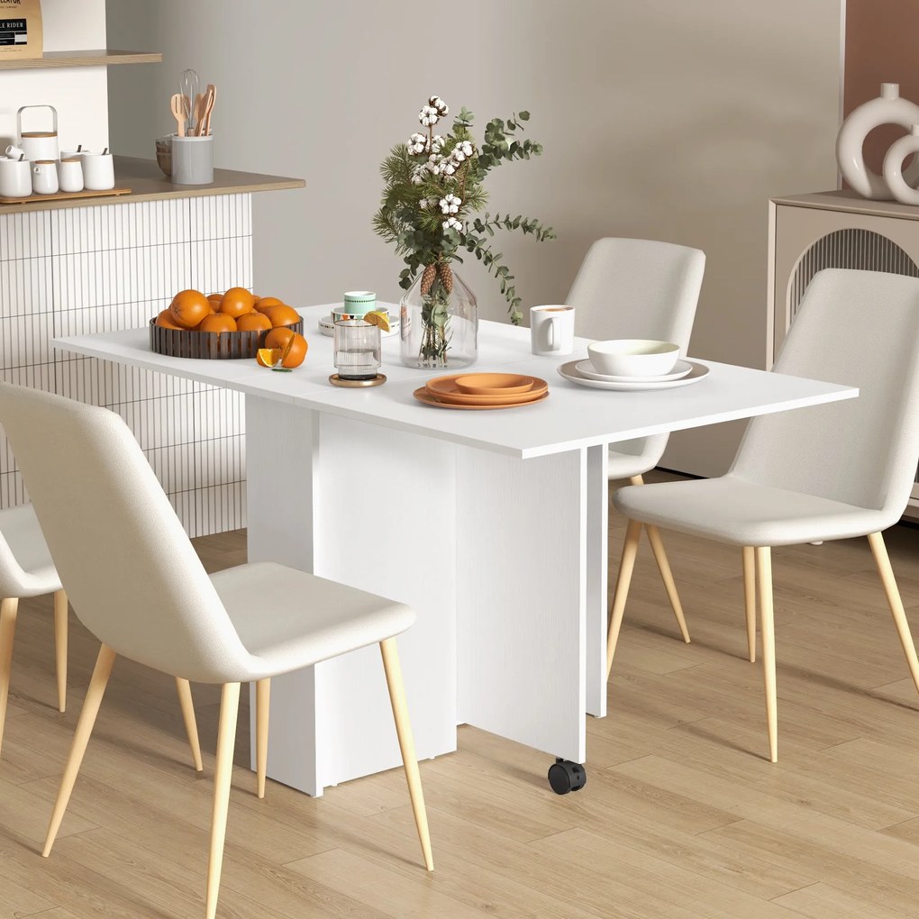 HOMCOM Összecsukható Asztal Kerekekkel, Modern Dizájnú Étkezőasztal, Helytakarékos Összecsukható, Kerekekkel, Tárolásra Szolgaló Polcokkal, 140 × 80 ×