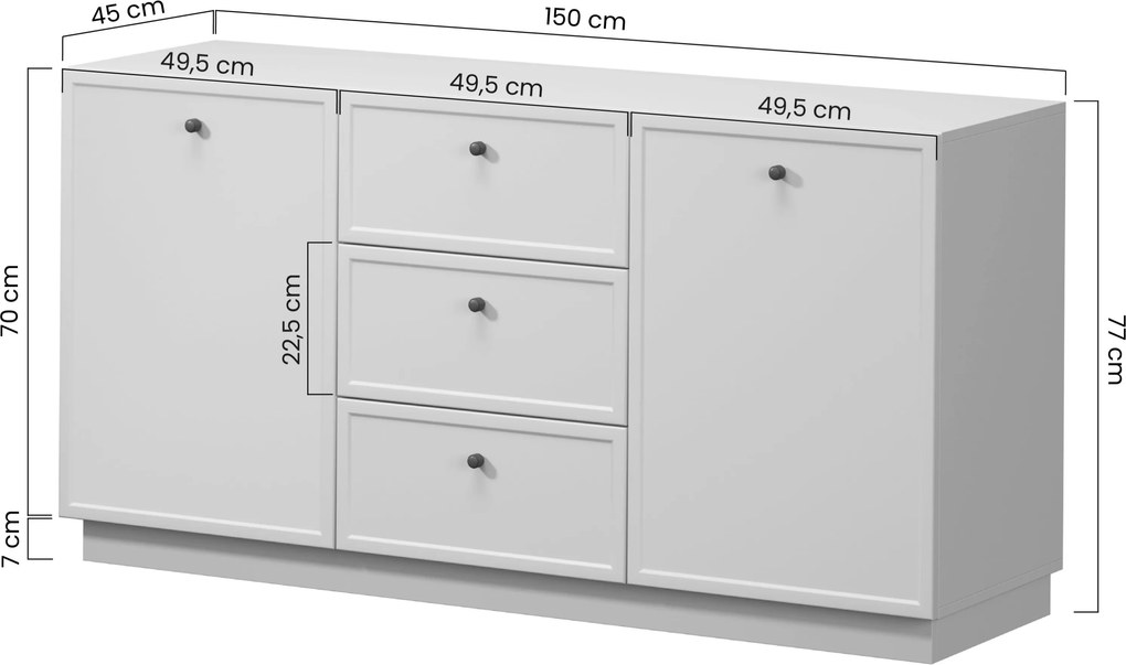 Lorini komód 150 cm fiókokkal - kasmír / arany fogantyúk