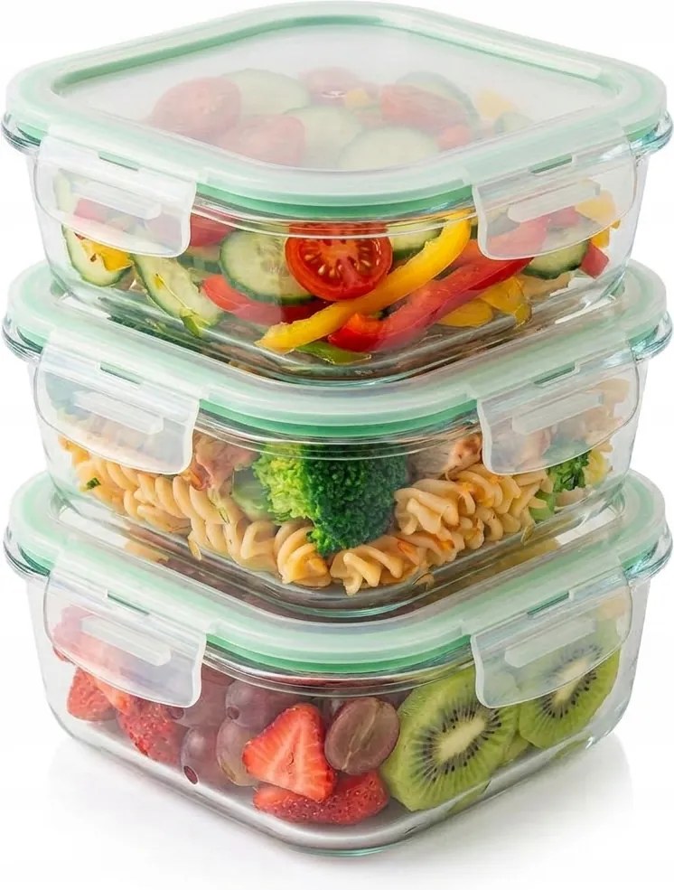 3x Üveg Ételtároló dobozok 800 ml Lunchbox üveg tároló szett