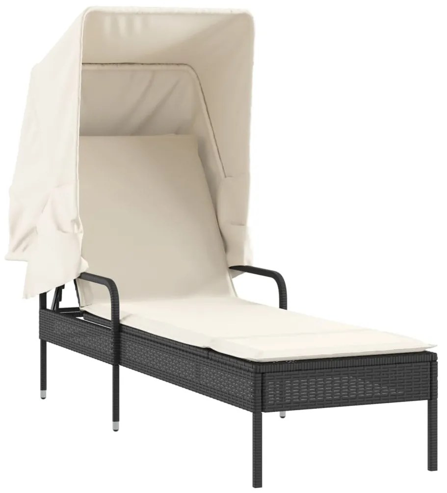 Fekete polyrattan napozóágy tetővel