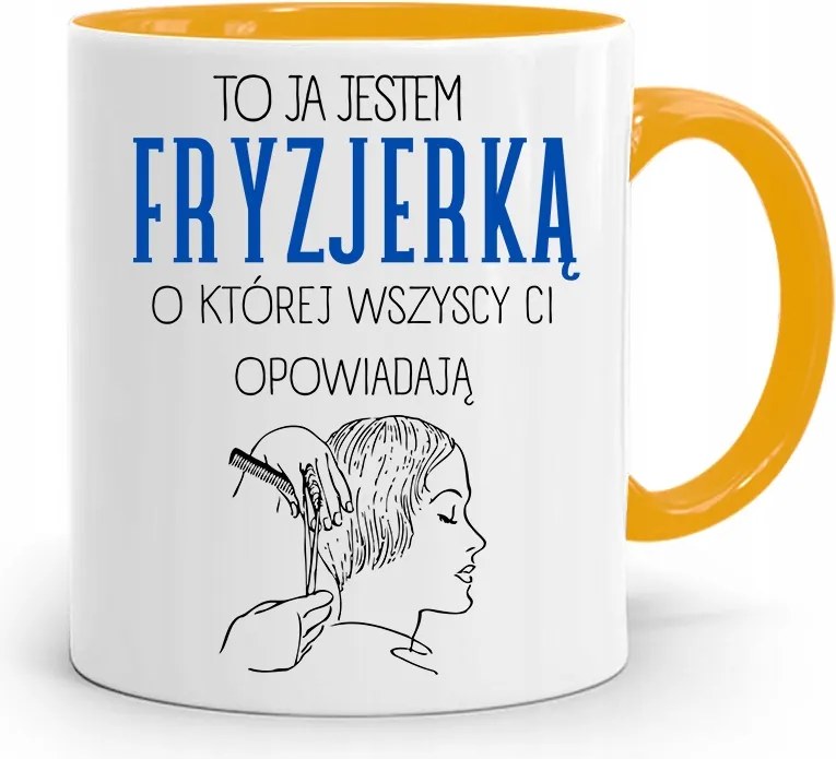 Sárga Fodrász Bögre Rólam Mindenki Mesél, fényképes nyomattal