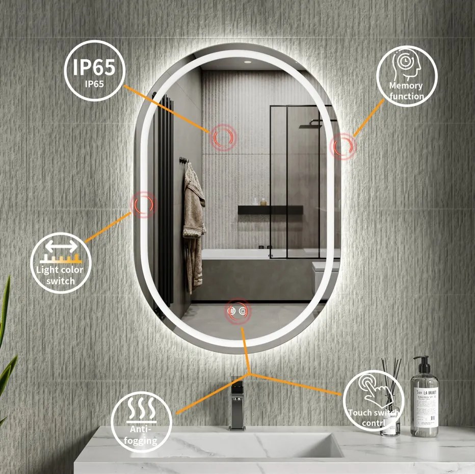 Erga Lyra, ovális LED-es tükör 60x90cm, 3 színű fény, első és hátsó világítás, páramentes fűtőbetét, ERG-V01-Lyra-6090-CL