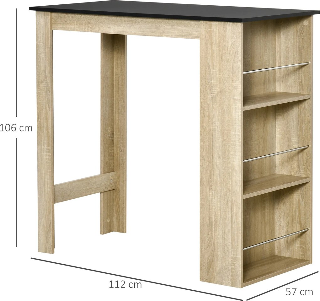 HOMCOM Magas Bárasztal Konyhai Magas Asztal - méret: 112L x 57W x 106H cm - 3 polc - világos tölgy-fekete kivitel | Aosom