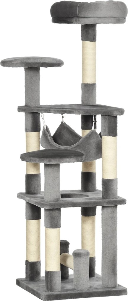 PawHut Macskafa, Macska Kaparóoszlop, Macska Játék Torony, Macska Mászófa, Kaparóoszlop Hinta Szürke L40 x W40 x H132 cm | Aosom