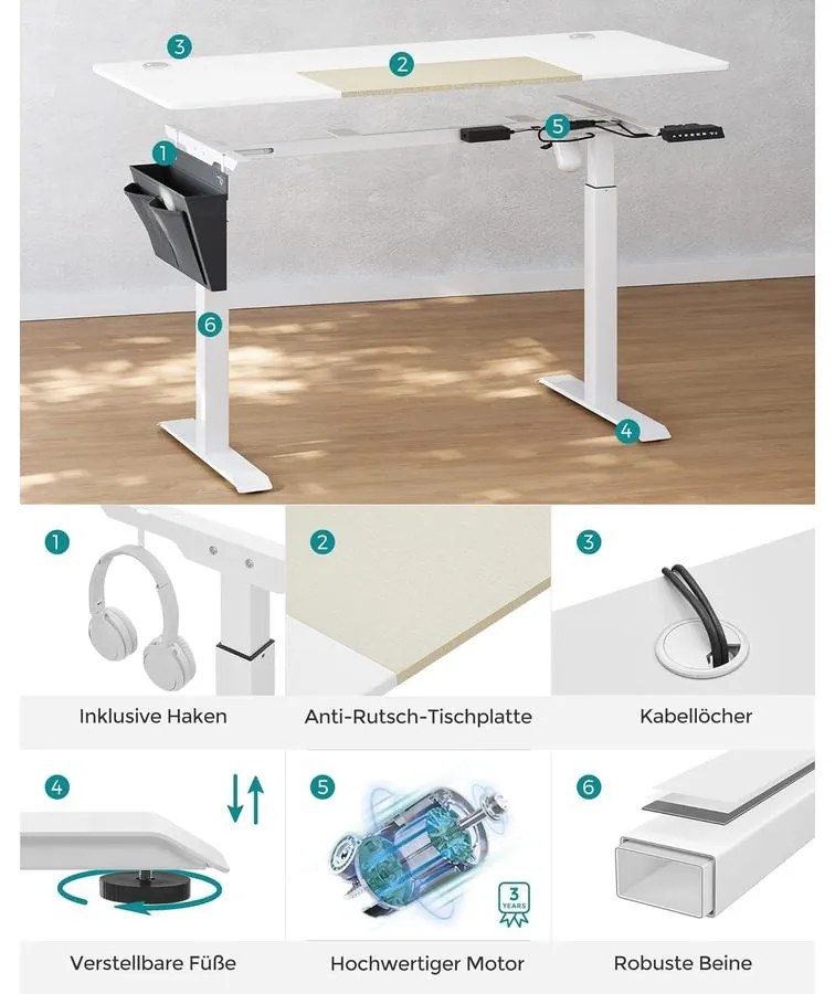 Állítható magasságú elektromos íróasztal, memória funkcióval, fehér