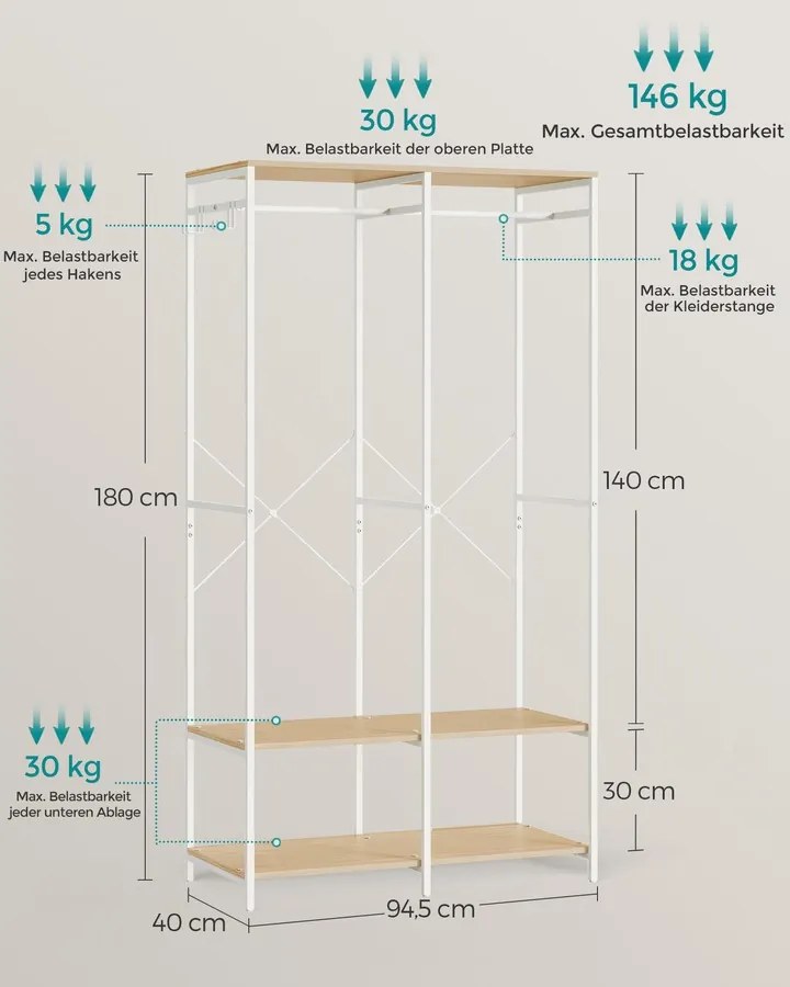 SONGMICS nyitott ruhásszekrény akasztóval és polcokkal, 40 x 94,5 x 180 cm, bézs