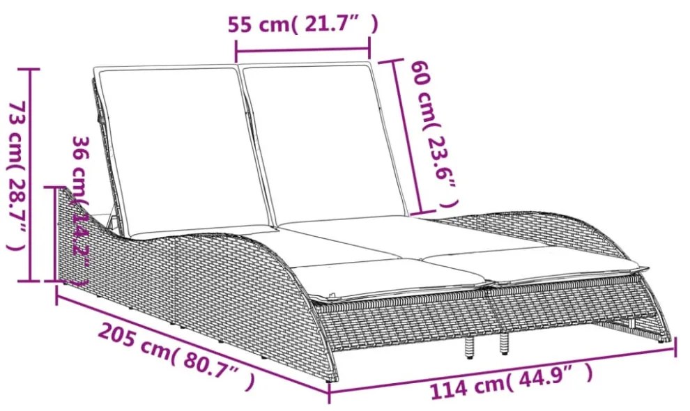 szürke polyrattan napozóágy párnákkal 114x205x73 cm