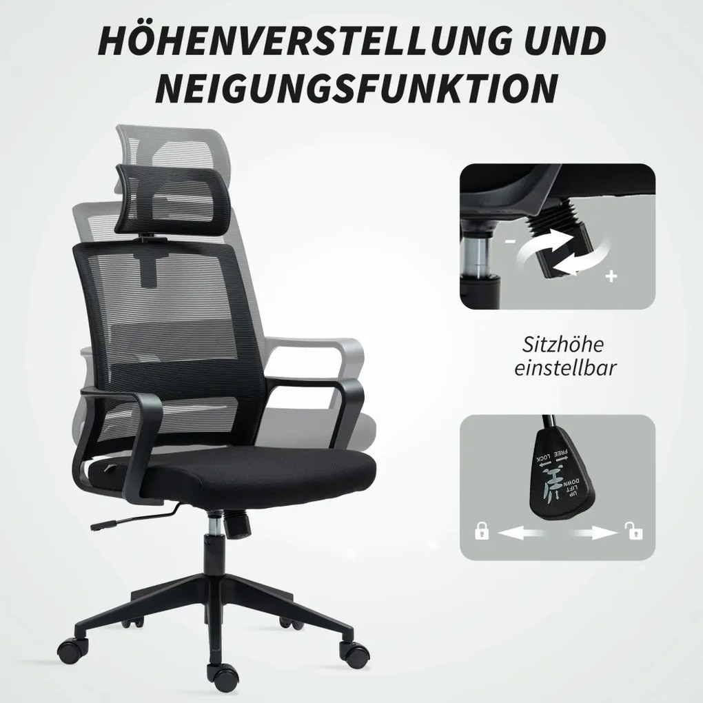HOMCOM Ergonomikus irodai szék, forgószék, hálószövet fekete