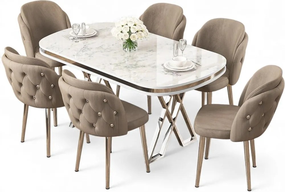 Zae étkezőgarnitúra, fehér márvány-króm, 168 cm – TR240CHR3085