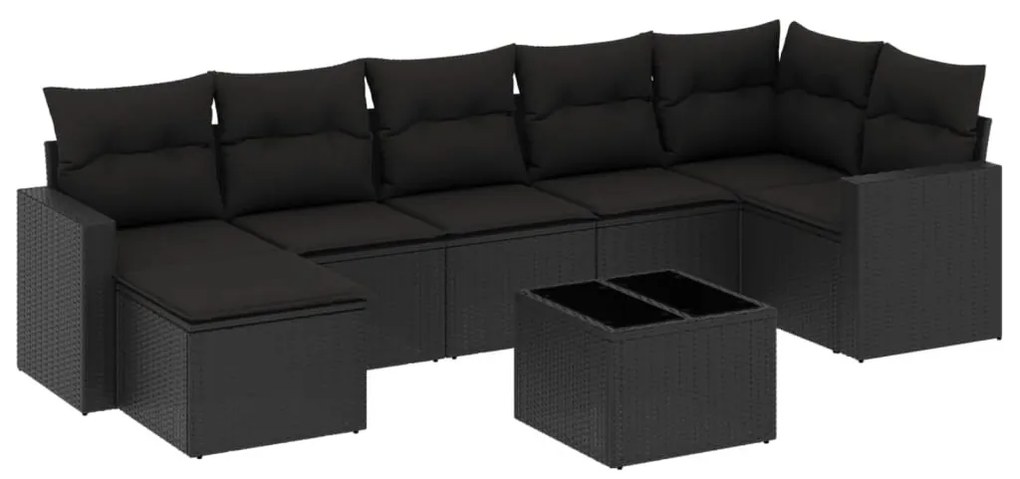 8 részes fekete polyrattan kerti ülőgarnitúra párnákkal
