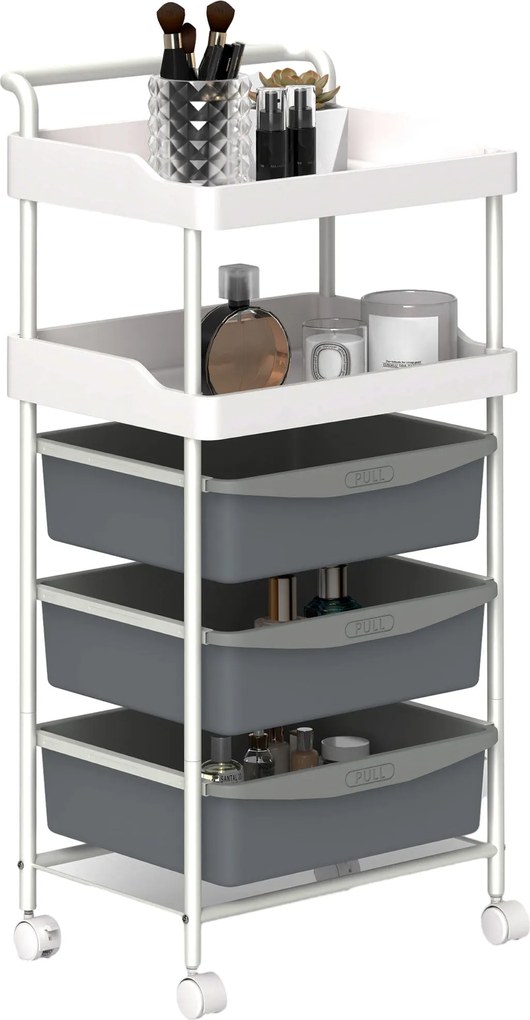 HOMCOM Helytakarékos Konyhai Kocsik 5 Szinttel, 2 Rögzített Tálcával és 3 Csúszó Tálcával, Tároló Kocsi Acél és PP Kerekekkel, Nappaliba, Konyhába, Ir