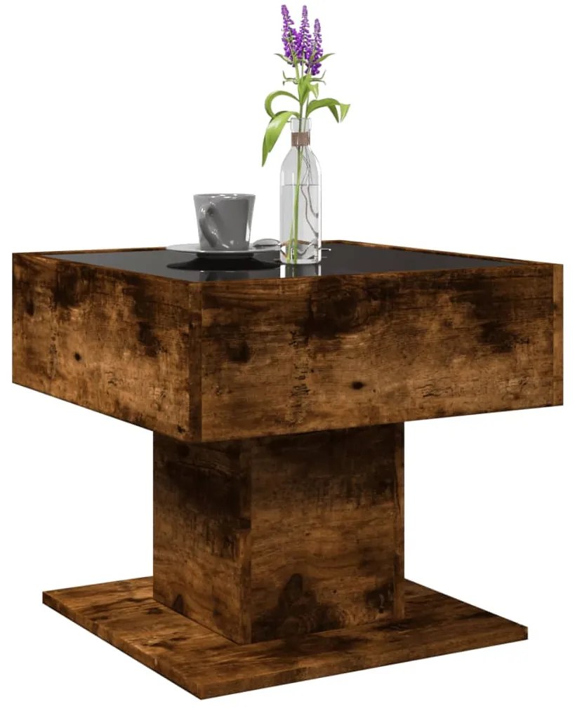Füstös tölgy szerelt fa dohányzóasztal LED-del 50 x 50 x 45 cm