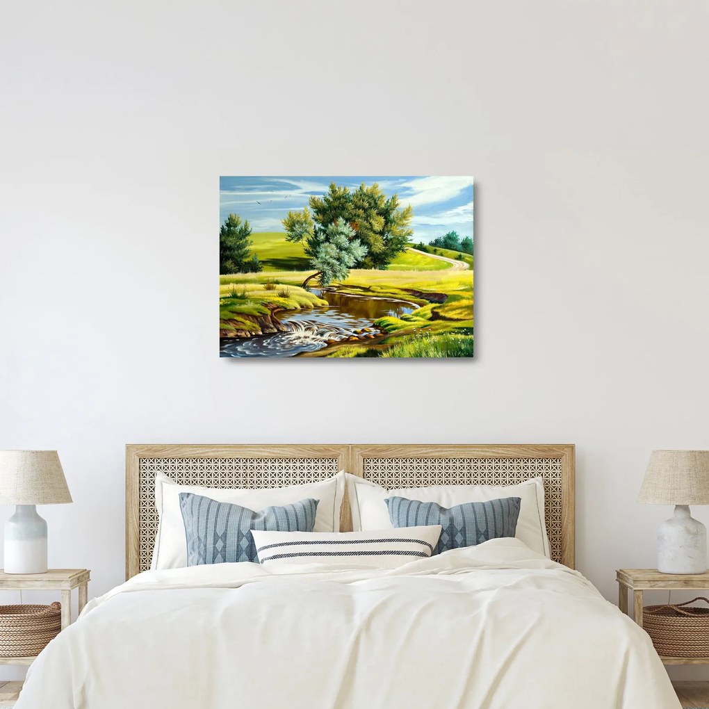 Kép - folyó a rétek között,, olajfestmény (üvegen) (70x50 cm)