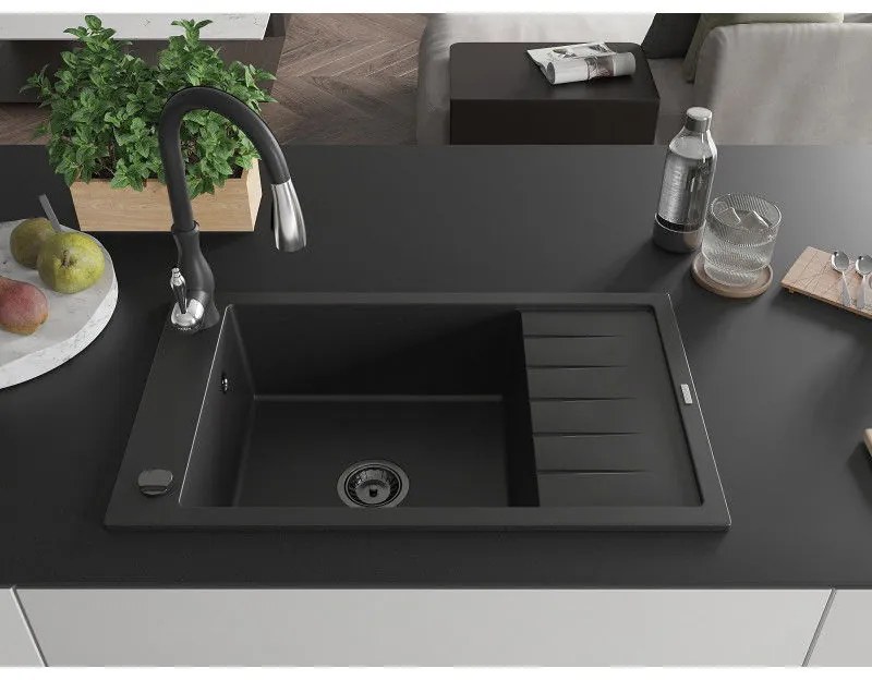 Mexen Elias, 1 kamrás gránit mosogató 795x480x200 mm és Savita mosogató csaptelep, fekete, 6511-77-672601-70-B