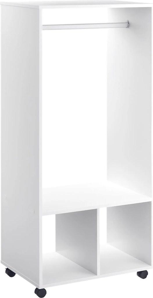 HOMCOM Gardrób Kerekekkel Ruhákhoz, Akasztós Rúddal és Nyitott Polcokkal, Szervező a Hálószobába 60x40x128 cm Fehér | Aosom