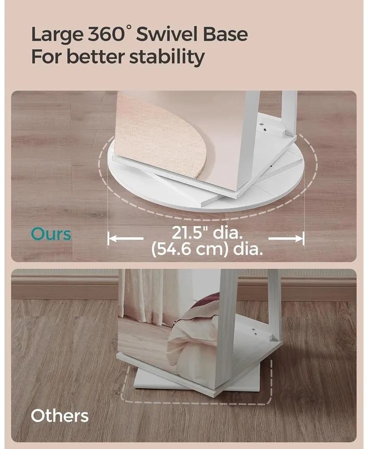 SONGMICS ékszerszekrény, tükrös szekrény 360°-ban forgatható, fehér felülettel és greige