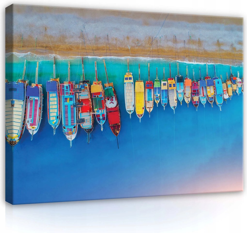 Vászonkép 80x60 Légikép színes hajók kikötő tengerpart nyugodt víz