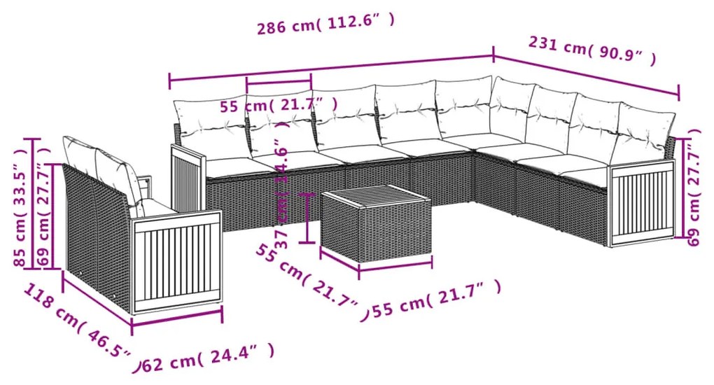 11 részes fekete polyrattan kerti ülőgarnitúra párnákkal