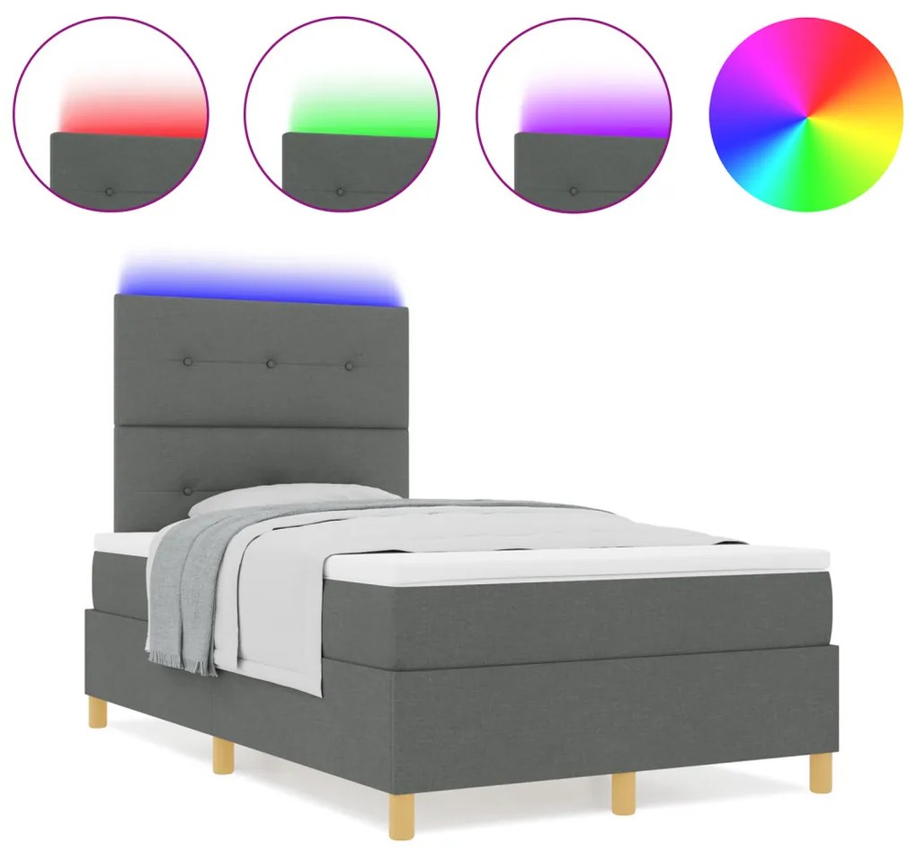 Box Spring Ágy matraccal & LED világítással, Sötét szürke 120x190 cm Szövet