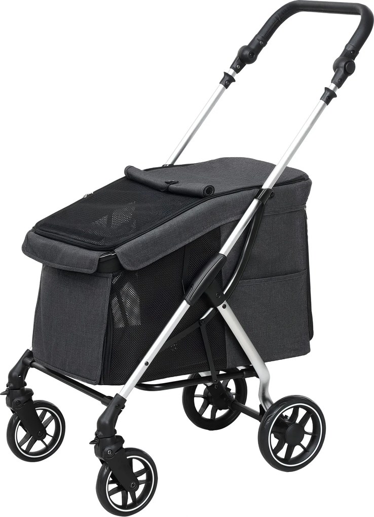 PawHut Könnyű Kutyakocsi Alumíniumból Készült, Összecsukható Kutyák és Macskák Számára - Macska Kocsi Párnázott, Hálós Ablakokkal, Ajtókkal, Tárolókos