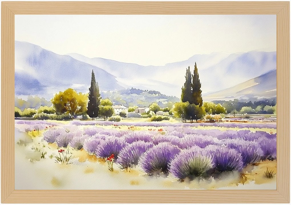 Poszter Keret Fa Tájkép Franciaország Provence Hegyek Mező Virágok 60x40