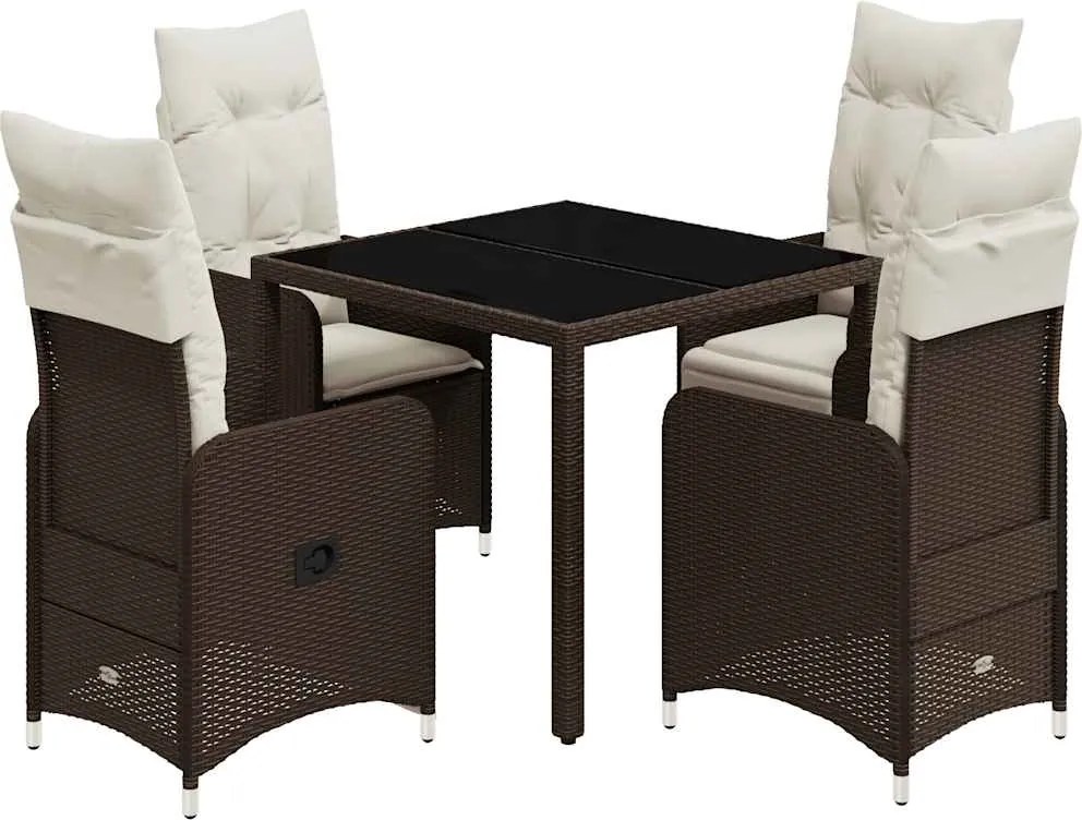 vidaXL 5 részes barna polyrattan kerti bisztrógarnitúra párnákkal