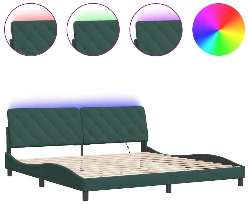 sötétzöld bársony ágykeret LED-világítással 200 x 200 cm
