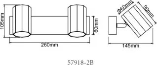 Globo 57918-2B Fali spotlámpa, fém fekete matt, alumínium fekete matt, HxSzxM: 260x60x145mm, 2x GU10 25W 230V izzók nélkül