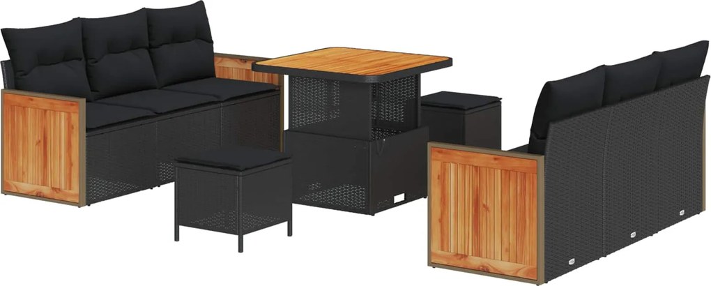 vidaXL Kerti Kanapé Szett 9 pcs Fekete Poli Rattan és Porfestett Acél