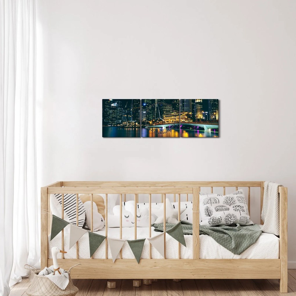 Egy kép az éjszakai Szingapúrról (órával) (90x30 cm)