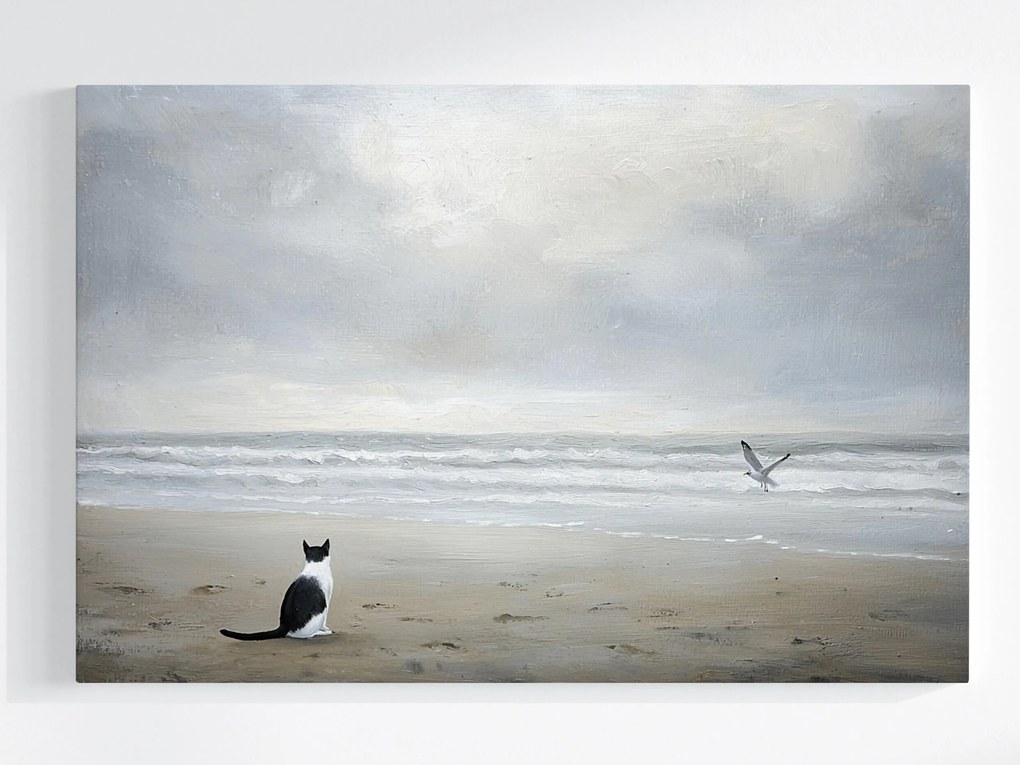 Vászonkép Canvas Tájkép Tenger Tengerpart Hullámok Macska Sirály Szürke 120x80