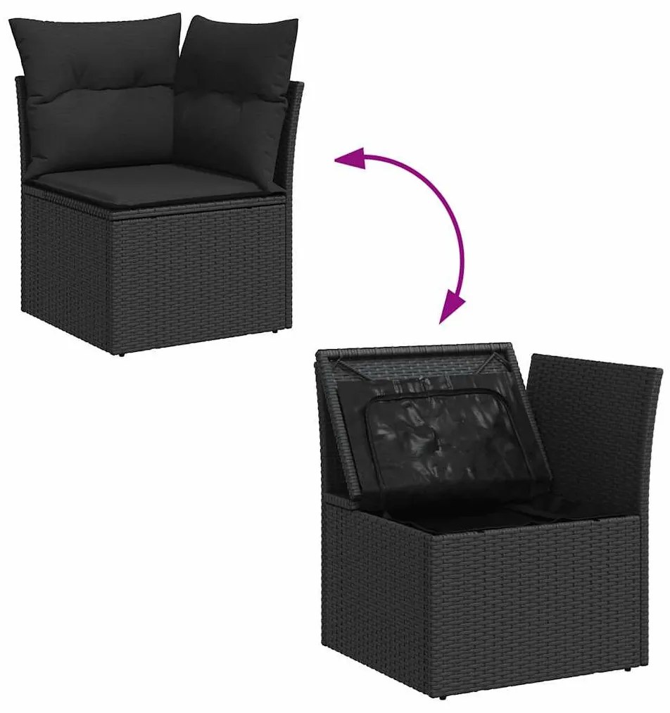 11 részes fekete polyrattan akácfa kerti ülőgarnitúra párnákkal