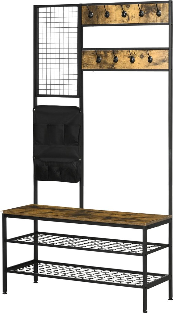 HOMCOM Széfjáró Állvány Ülőkével, Ruhafogas Akasztókkal, Cipőtartó, Viselet Táskával, Kabát Akasztó Előszobába, Folyosóra, Acél, Rusztikus Barna | Aos