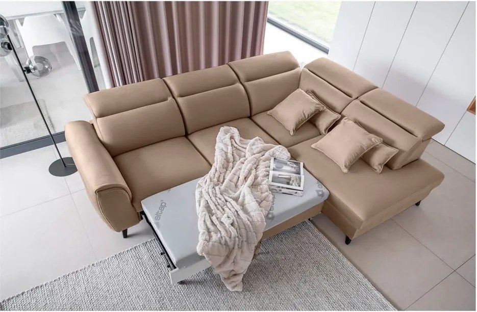 Világosbarna bársony kinyitható-tárolóhelyes sarokkanapé (jobb oldali-L alakú) Noble – ELTAP