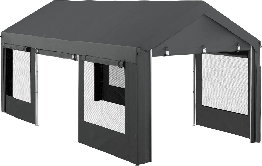 Outsunny Kocsi beálló, kb. 6 x 3 m Sátor, Magasságra állítható Autós Garázs, Autó Pavilon 4 Rácsos Ablakkal, 4 Ajtóval, Autóhoz, Teherautóhoz, Acélból