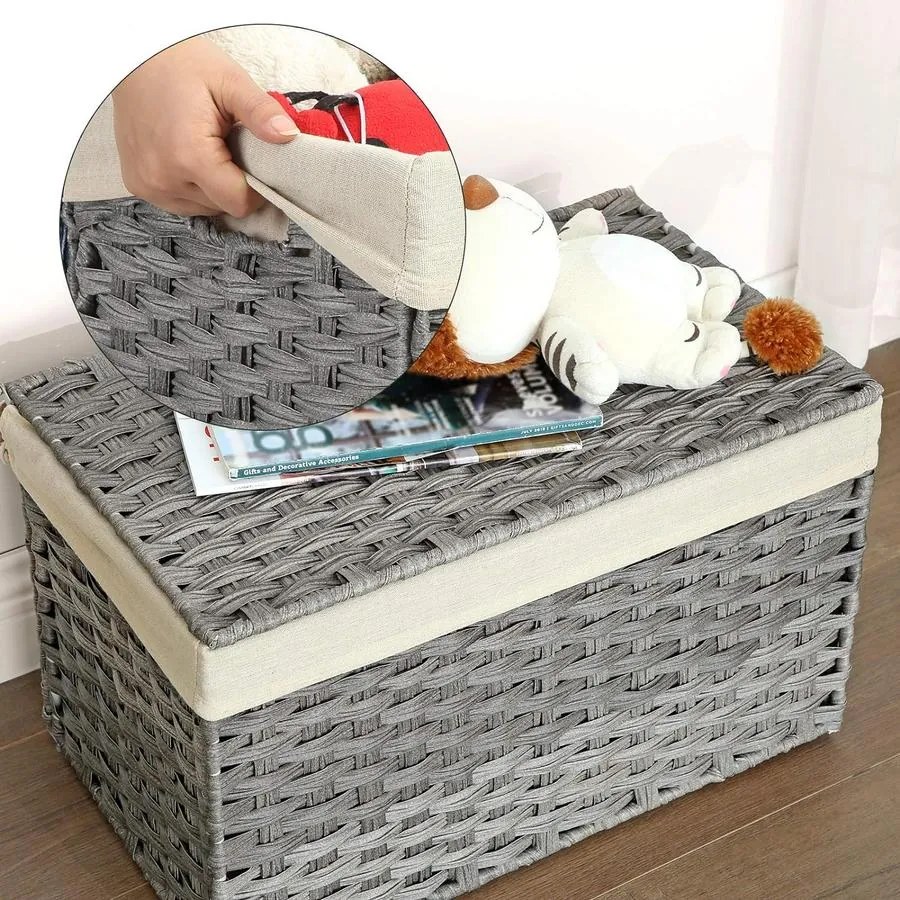Rattan stílusú tárolódoboz, tároló kosár, 65 literes, szürke