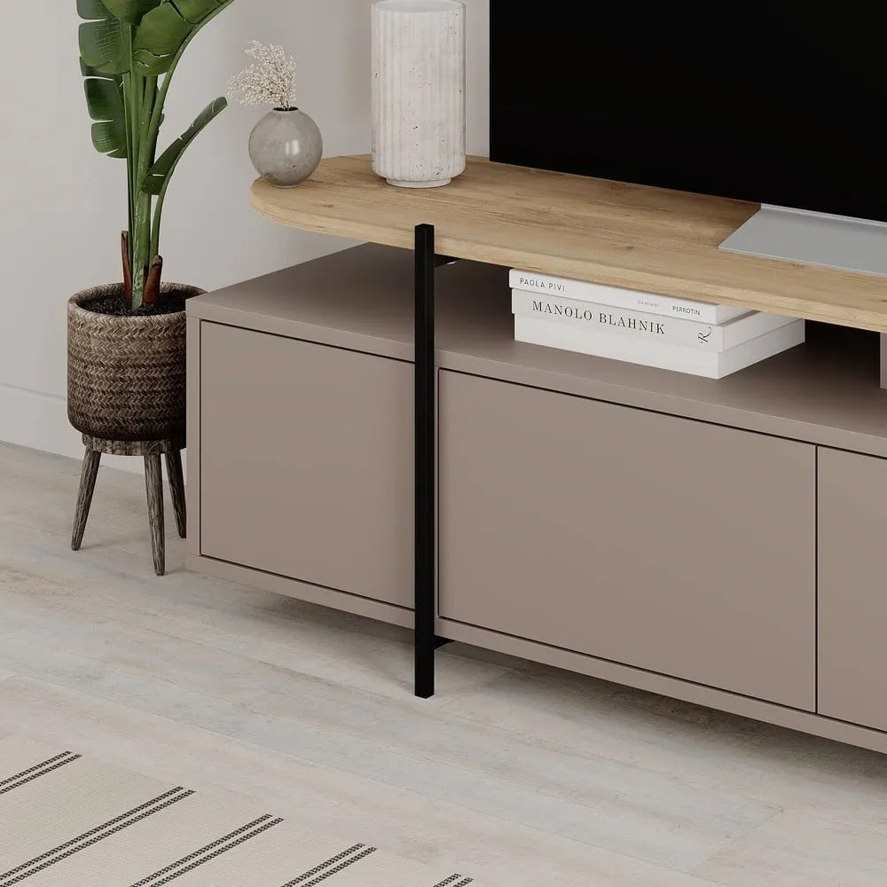 Szürke-bézs TV-állvány tölgyfa dekorral 160x48 cm Hinoa – Marckeric