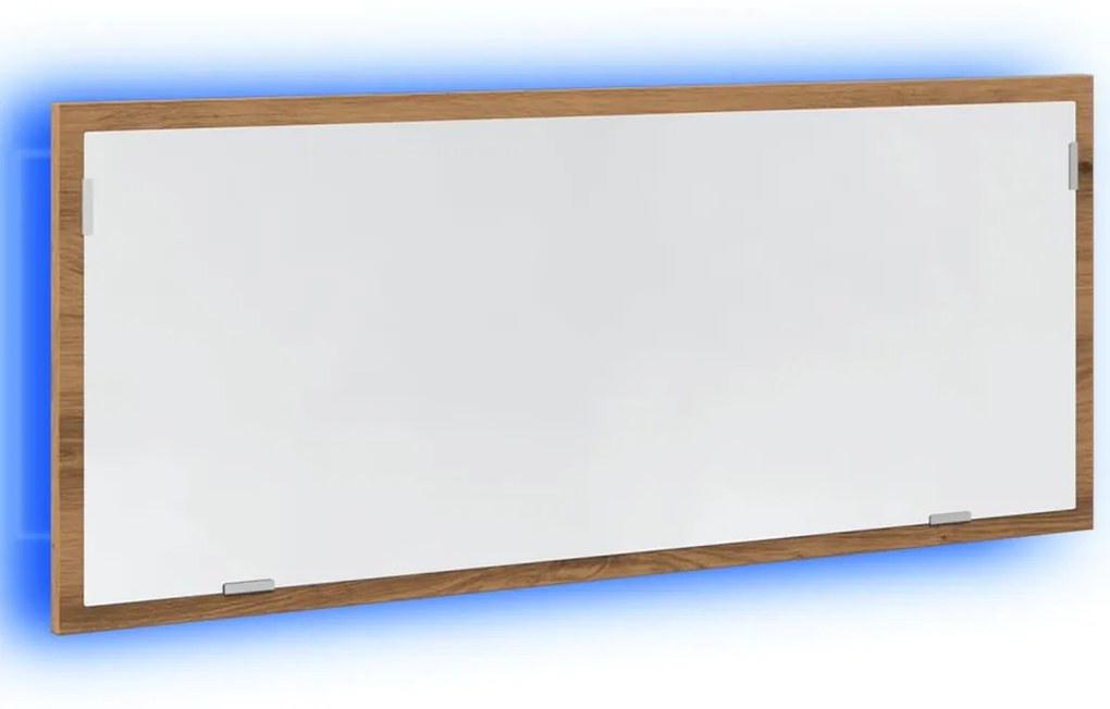 kézműves tölgy szerelt fa LED-es fürdőszobatükör 100x8,5x37 cm