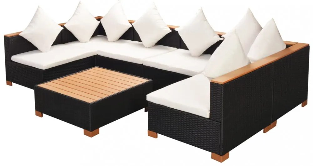 7-részes fekete polyrattan kerti bútorszett párnákkal