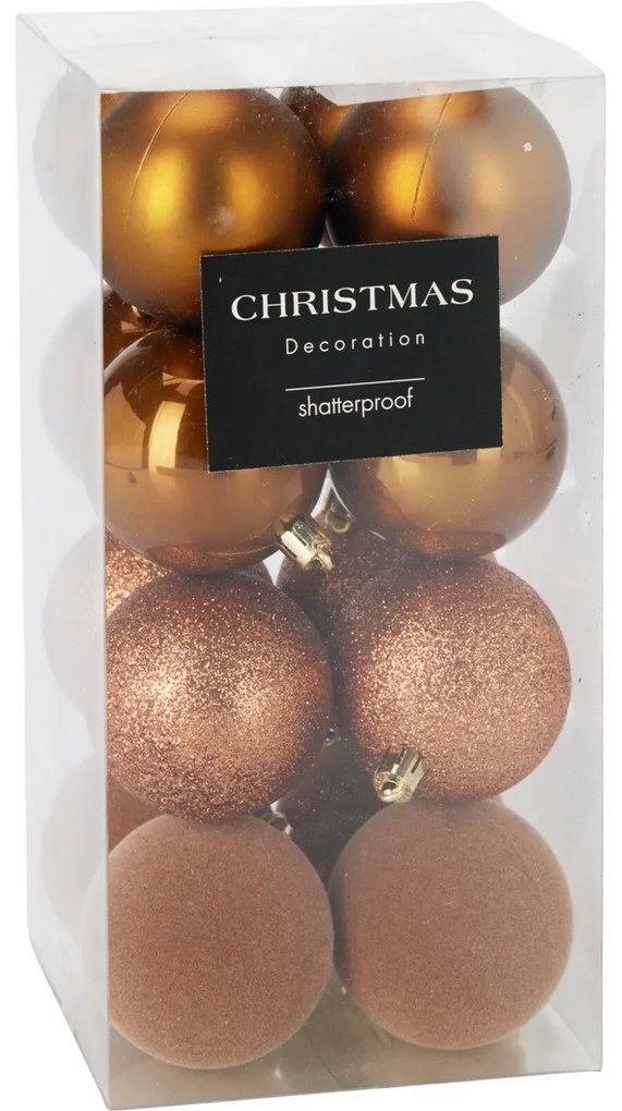 16 darabos karácsonyi díszkészlet FestiveSparkles, aranybarna, átmérő 6 cm, műanyag, 6 cm átmérőjű