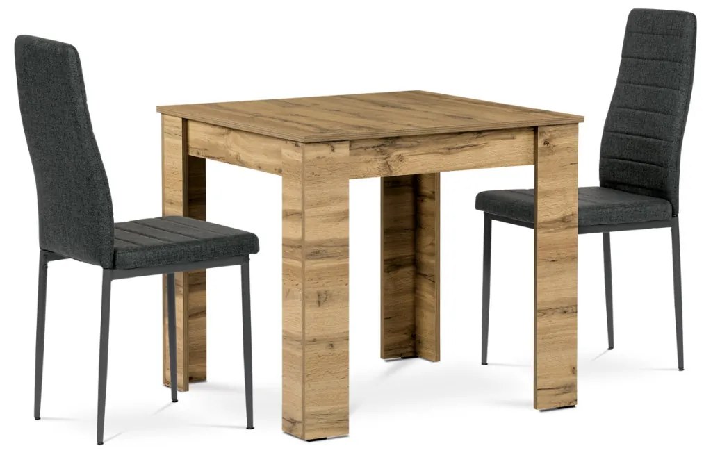 Set de sufragerie 1+2, masă 80x80 cm, MDF stejar wotan, scaune cu tapițerie din material negru
