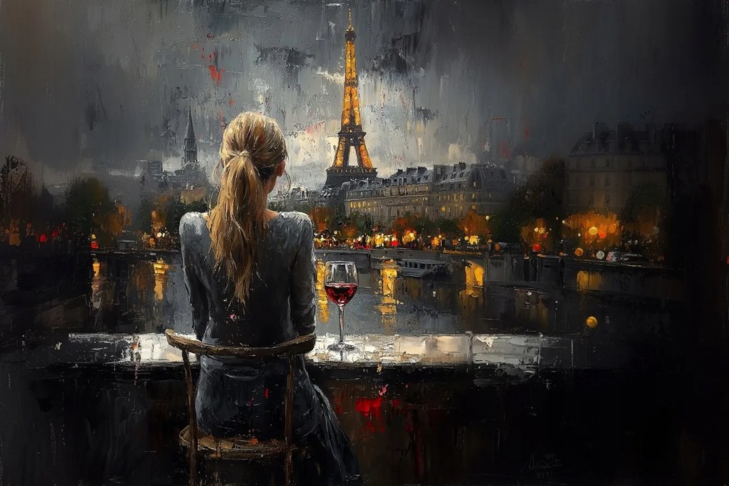 Canvas Vászonkép Nő Párizs Eiffel-torony Este Bor 120x80