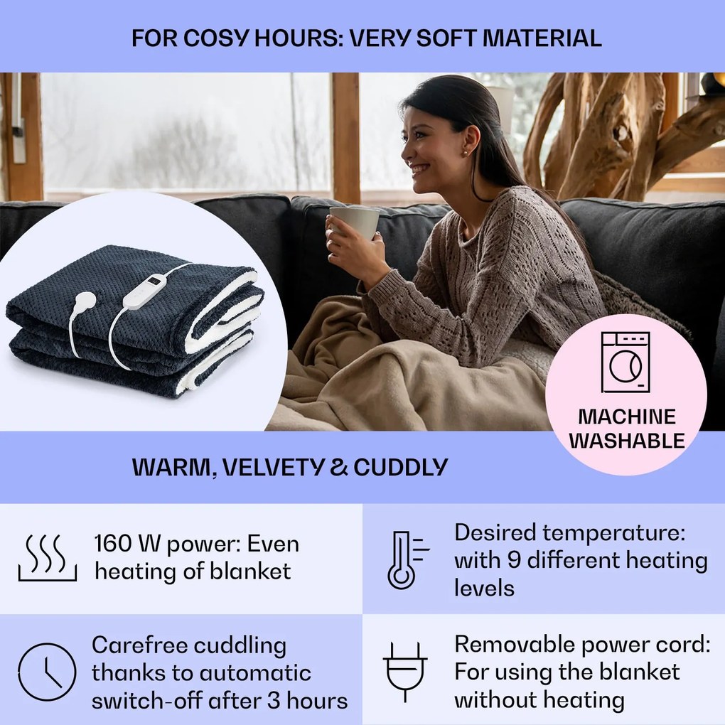 Klarstein DR Watson Deluxe XXL, elektromos takaró, 160 W, 9 fűtési fokozat, 200 x 180 cm