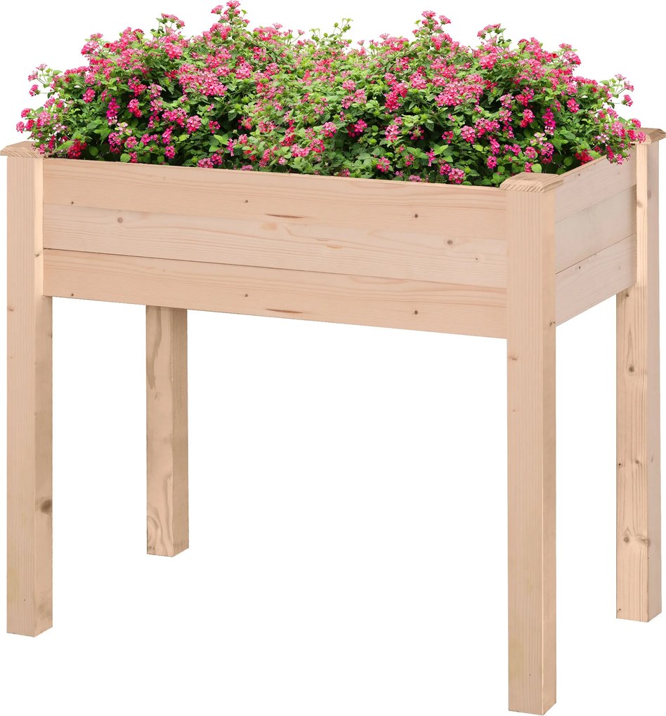 Outsunny Emelt Városi Kert Természetes Fa 86x46x76 cm Emelt Ültető Asztal Nem Woven Szövet és 4 Draináló Lyukkal Virágok Ültetéséhez Kert Terasz Szaba