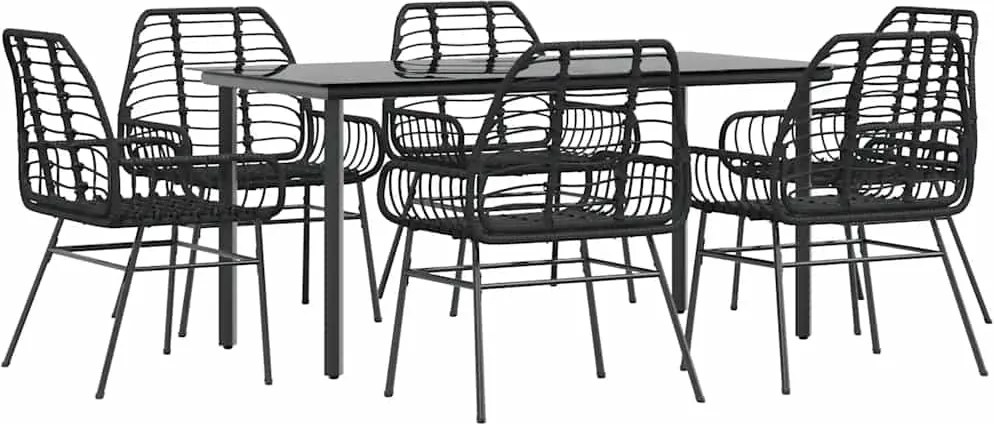 vidaXL 7 részes fekete polyrattan üveg kerti étkezőgarnitúra