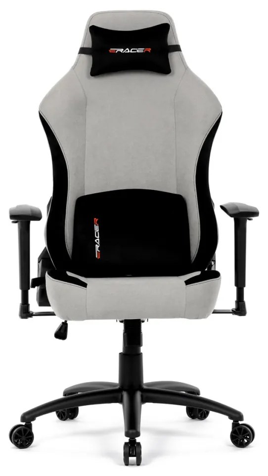 Scaun pivotant gamer, material argintiu, structură balansoar, poziționare spătar 90°-180°, cotiere 3D, perne din spumă cu memorie
