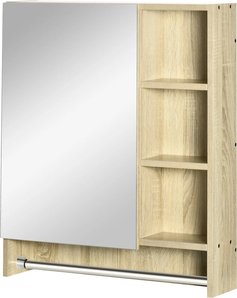 Kleankin Tükörrel ellátott Fürdőszekrény Fali Szekrény 1 Ajtóval Állítható Polc Törölközőtartóval és Rekesszel, Függő Fürdőbútor, 60x15x70 cm Tölgy |