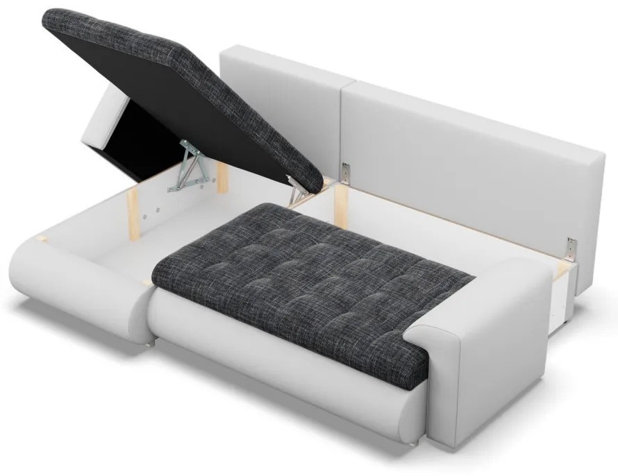 Tokio sarokkanapé, 2 ágyneműtartóval, fonott + műbőr, baloldali, sötétszürke - fehér