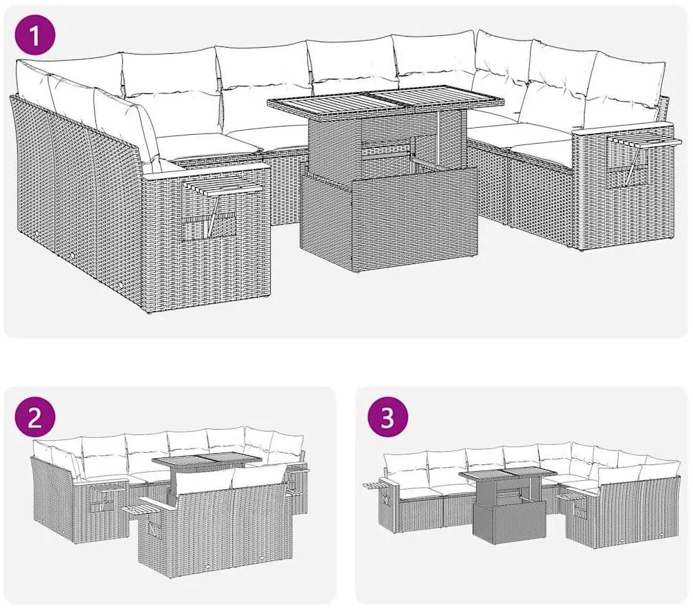 vidaXL 10 részes bézs polyrattan akácfa kerti ülőgarnitúra párnával