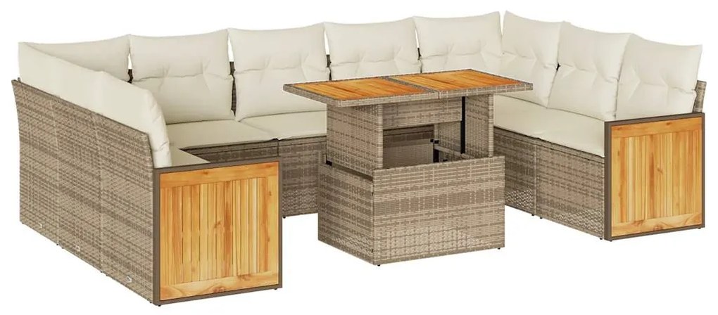 10 részes bézs polyrattan akácfa kerti ülőgarnitúra párnával